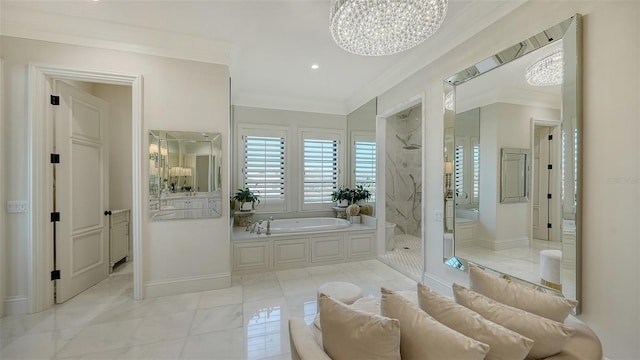 bathroom with crown molding, independent shower and bath, and an inviting chandelier