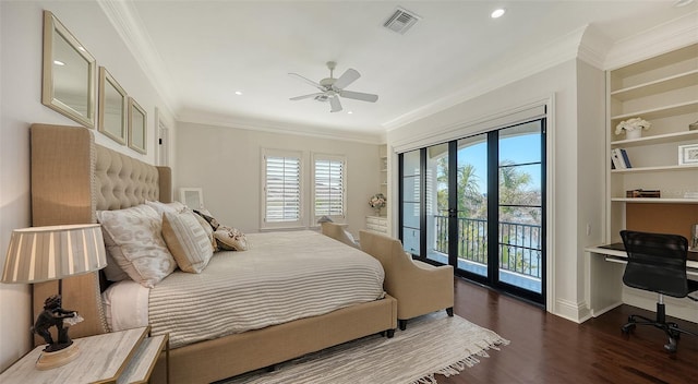 bedroom with ceiling fan, dark hardwood / wood-style floors, access to exterior, and ornamental molding