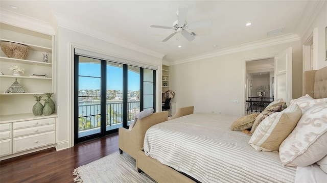 bedroom featuring ceiling fan, access to exterior, dark wood-type flooring, and crown molding