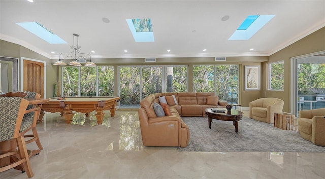 sunroom featuring pool table and vaulted ceiling