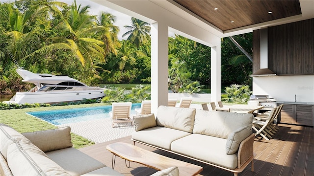 view of patio with a swimming pool side deck, a grill, sink, and an outdoor kitchen