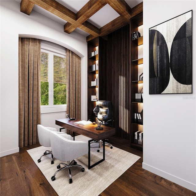 home office with beamed ceiling, built in shelves, dark wood-type flooring, and coffered ceiling