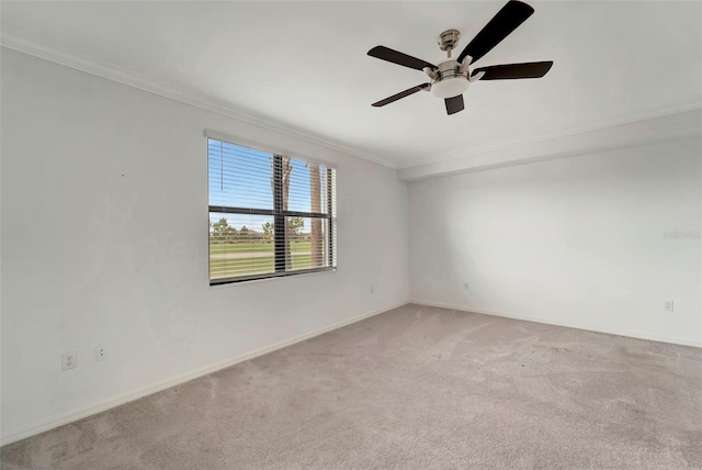 carpeted spare room featuring ceiling fan and ornamental molding