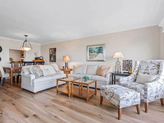 living room with light hardwood / wood-style flooring and ornamental molding