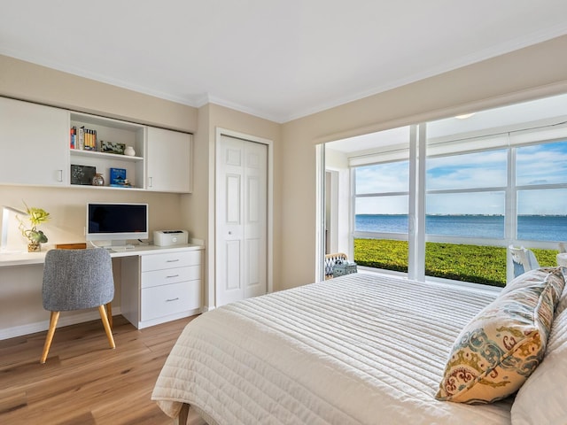 bedroom featuring built in desk, light wood-type flooring, crown molding, and a closet