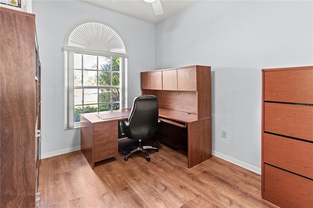 office area with ceiling fan and light hardwood / wood-style floors