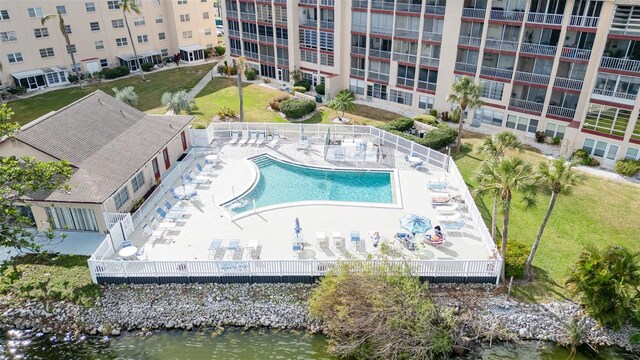 drone / aerial view with a water view