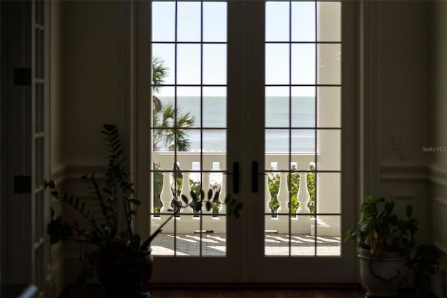 entryway with french doors, a water view, and a healthy amount of sunlight