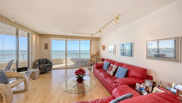 living room featuring light hardwood / wood-style floors, a water view, and track lighting