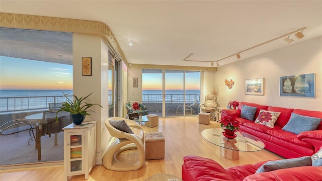 living room with floor to ceiling windows, a water view, wood-type flooring, and track lighting