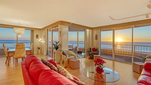 living room with light wood-type flooring and a water view