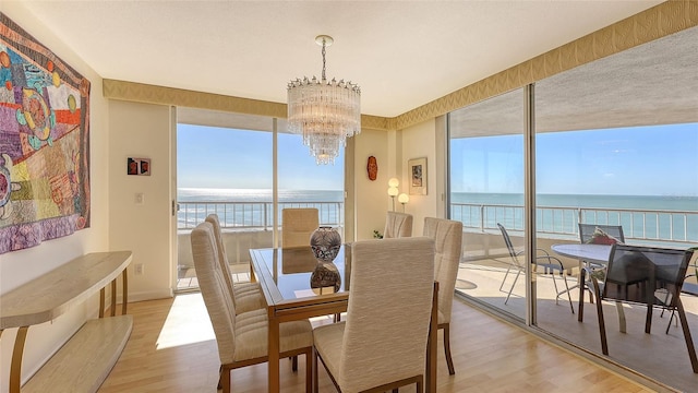 dining room featuring a water view, light hardwood / wood-style floors, and a notable chandelier