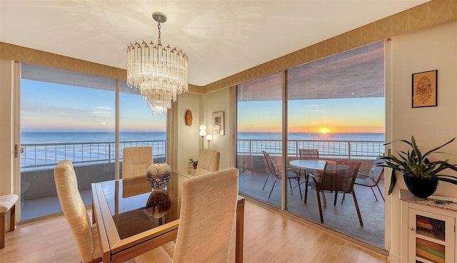 dining space featuring a beach view, a water view, light wood-type flooring, and a chandelier