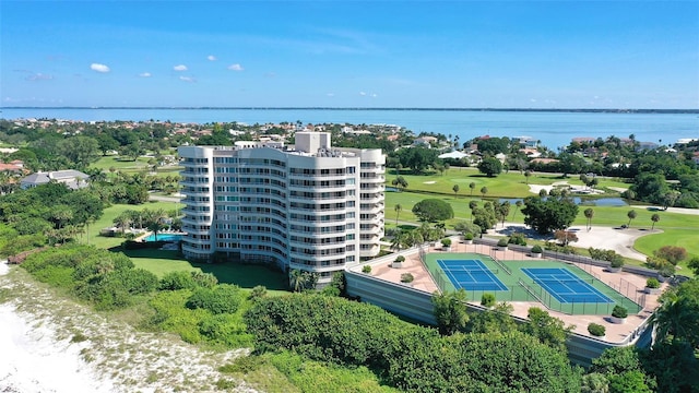 aerial view featuring a water view