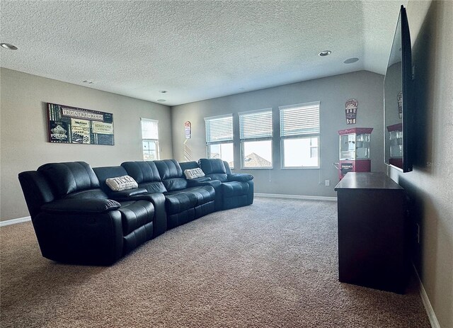 living room featuring vaulted ceiling, carpet, and a textured ceiling