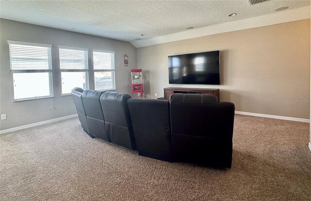 carpeted living room with lofted ceiling and a textured ceiling