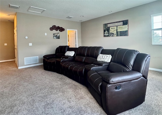 living room with light colored carpet and a textured ceiling