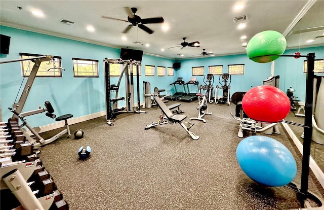 exercise room featuring ceiling fan and crown molding