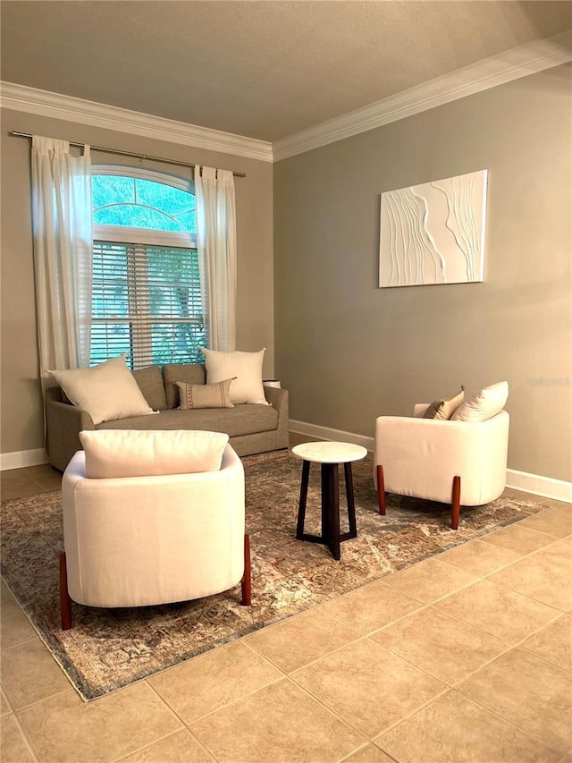 tiled living room featuring ornamental molding