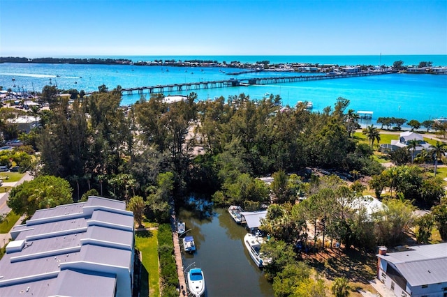 drone / aerial view featuring a water view