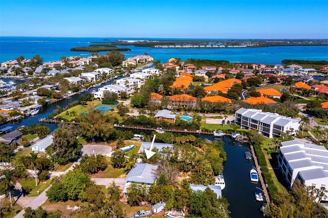 aerial view featuring a water view