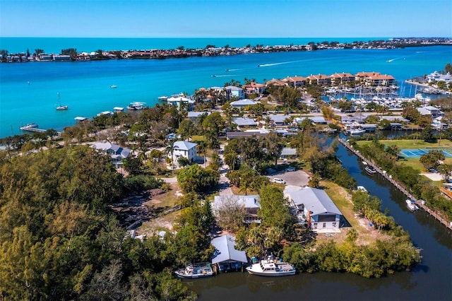 bird's eye view with a water view