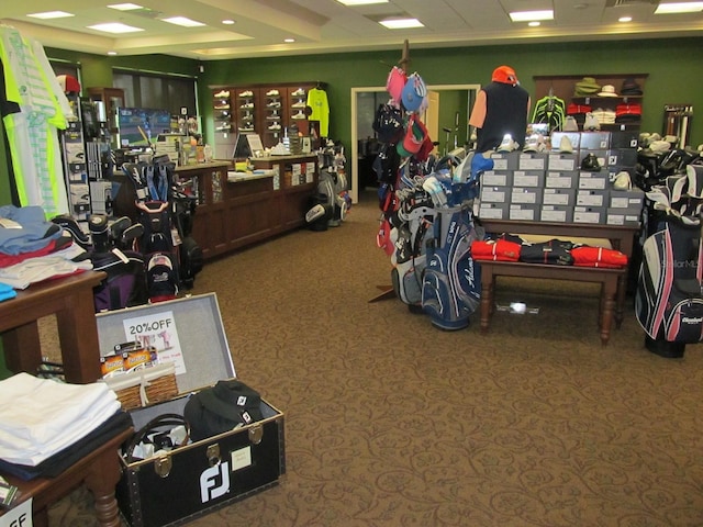 workout area with carpet floors