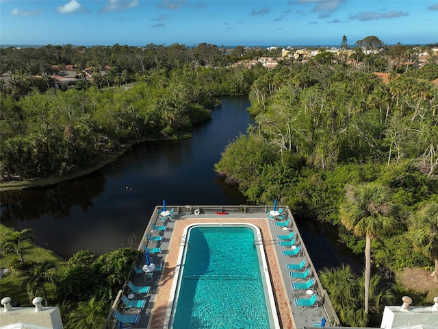 drone / aerial view with a water view