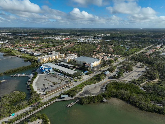 drone / aerial view with a water view