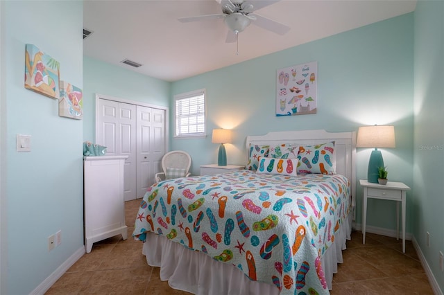 bedroom featuring ceiling fan and a closet