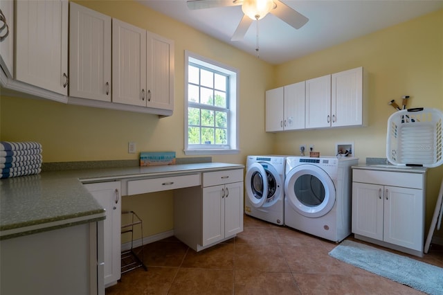 laundry area with cabinets, light tile patterned floors, ceiling fan, and washing machine and clothes dryer