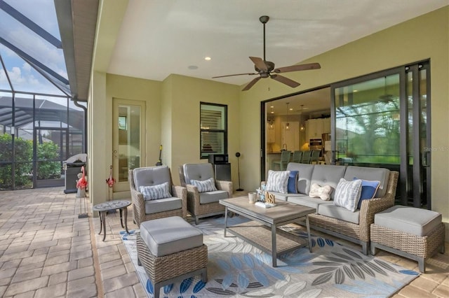 view of patio / terrace featuring an outdoor hangout area, area for grilling, and a lanai