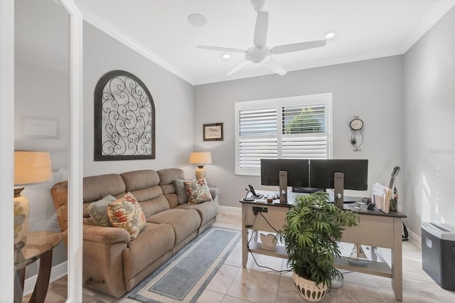 tiled office featuring ceiling fan and crown molding