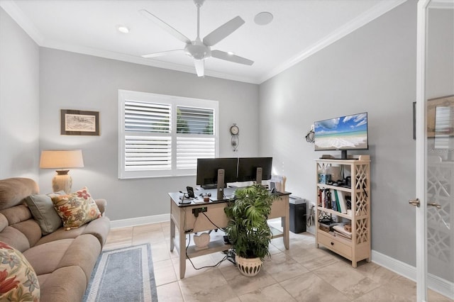 tiled office with ceiling fan and ornamental molding