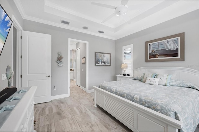 bedroom featuring a raised ceiling, ceiling fan, and ornamental molding