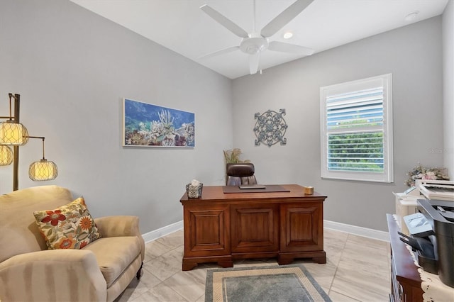 tiled home office with ceiling fan