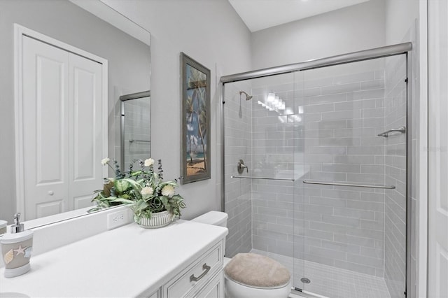 bathroom featuring vanity, toilet, and a shower with door