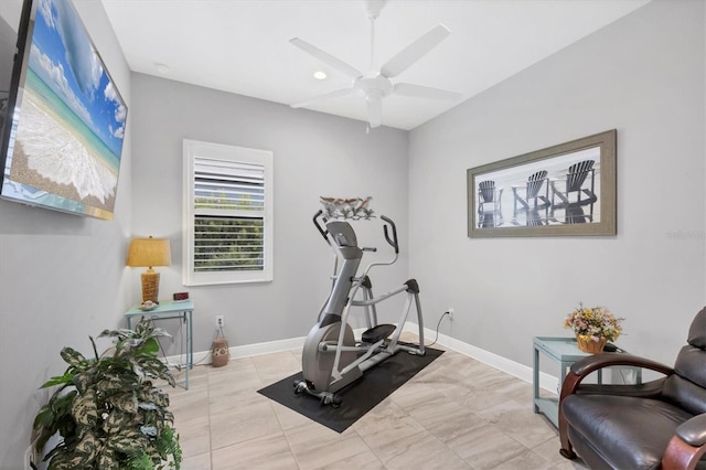 exercise room featuring ceiling fan