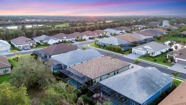 view of aerial view at dusk