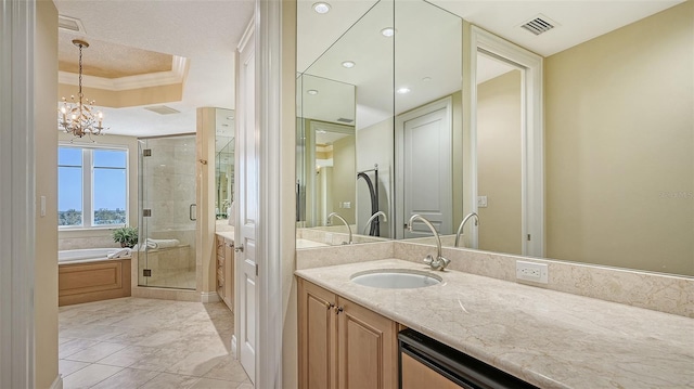 bathroom featuring vanity, crown molding, plus walk in shower, and an inviting chandelier