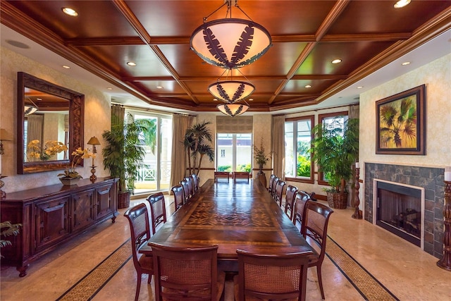 dining room with beamed ceiling, crown molding, and coffered ceiling