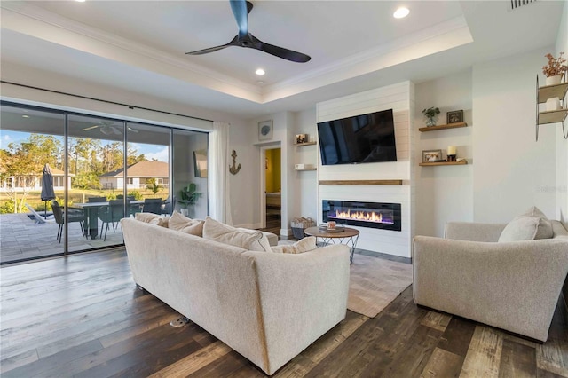 living room featuring a tray ceiling, a large fireplace, and dark wood-type flooring