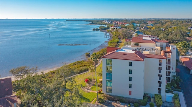 aerial view featuring a water view and a view of the beach