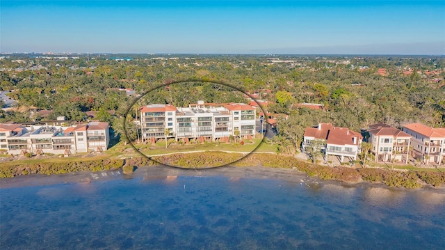 bird's eye view with a water view