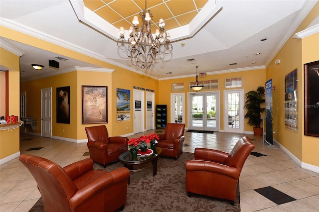 living room featuring french doors, an inviting chandelier, light tile patterned floors, and ornamental molding