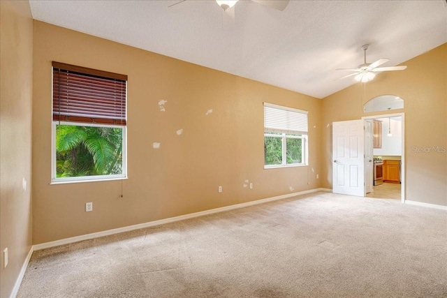 carpeted spare room featuring ceiling fan and lofted ceiling