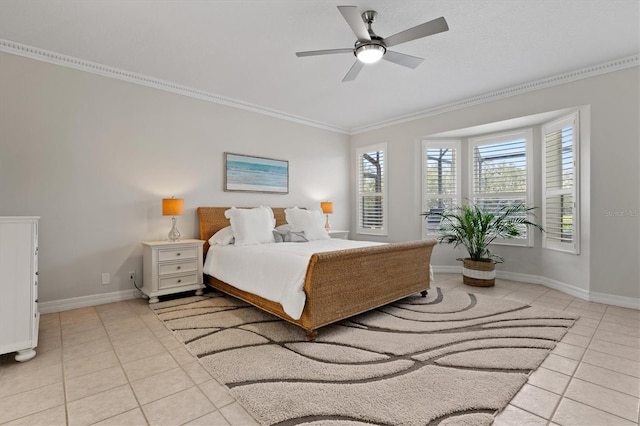 bedroom featuring light tile patterned floors, crown molding, and ceiling fan