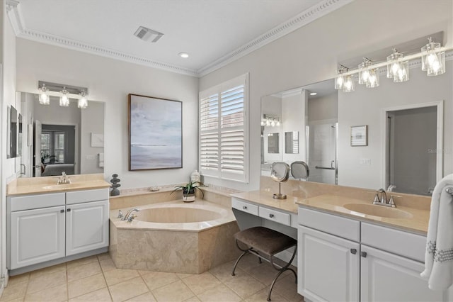 bathroom with vanity, crown molding, tile patterned floors, and independent shower and bath