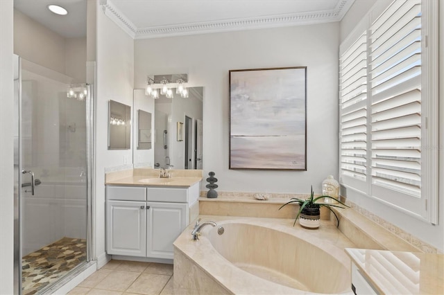 bathroom featuring ornamental molding, vanity, separate shower and tub, and tile patterned flooring