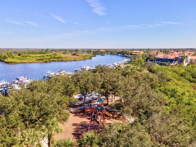 drone / aerial view with a water view